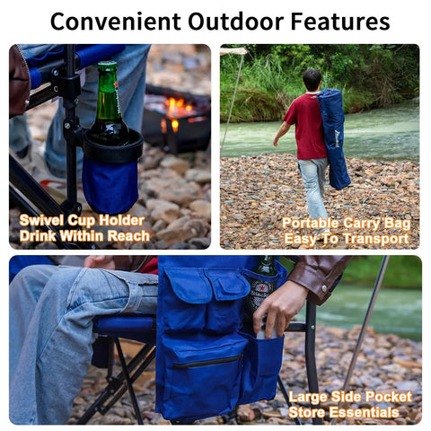 Heavy Duty Camping Chairs 2 Pack With 500 Lbs Capacity showing cup holder, side pocket, and carry bag in outdoor setting.