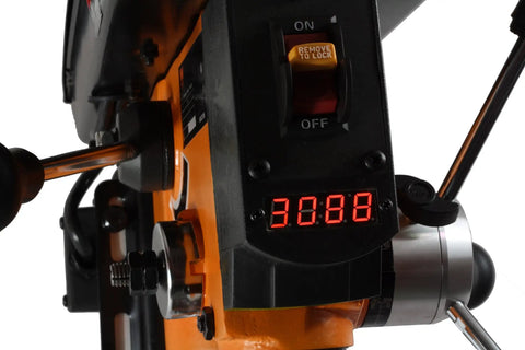 Close-up of the digital RPM readout on 10 Inch Benchtop Drill Press With Beefy 6.2 Amp Variable Speed Motor, Cast Iron Frame, Laser Guide