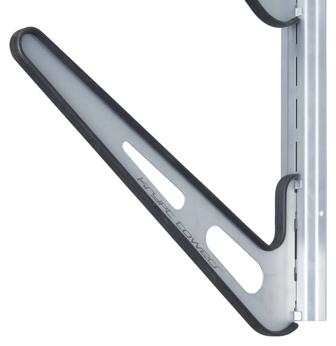 Metal support arm of heavy duty board sports wall mount storage rack for surfboards wakeboards snowboards skis and efoils with rubber padding.