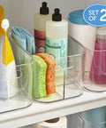 Straight Up The Best Five Compartment Makeup Storage Organizer Set Of Two Clear BPA Free Plastic Vanity Caddy With Pass Through Handles Round Corners totally durable USA made for your vanity, with sponges and bottles displayed.