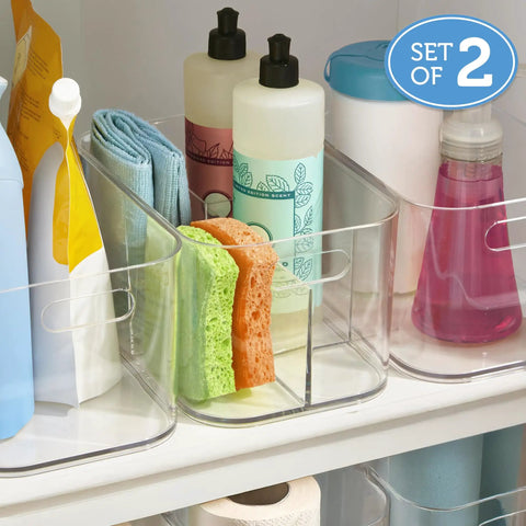Straight Up The Best Five Compartment Makeup Storage Organizer Set Of Two Clear BPA Free Plastic Vanity Caddy With Pass Through Handles Round Corners totally durable USA made for your vanity, with sponges and bottles displayed.
