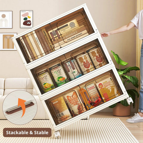 Lockable Stackable Storage Bins On Wheels With Lids 3 Tier Collapsible Plastic Cabinet For Foldable Closet Organization