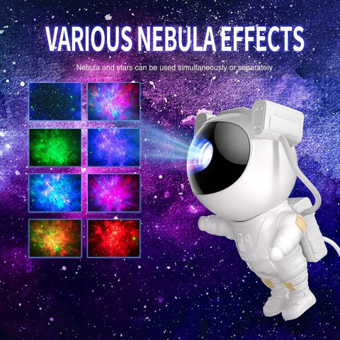 Star Projector Galaxy Night Light With Nebula Effects And Green Stars, Remote And Timer next to astronaut figure showcasing nebula effects.