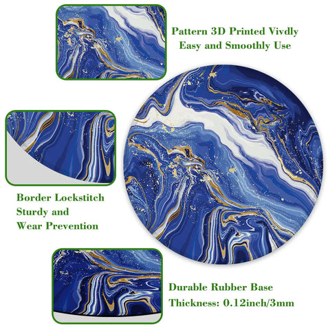 Luxury Blue Gold Marble Round Mouse Pad With Non Slip Rubber Base And Stitched Edge, 8 By 8 Inches Desk Mat For Home Office Decor