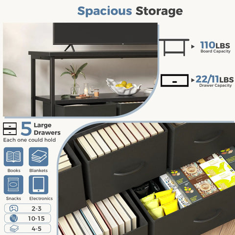 Image of a Compact Media Console And Dresser Combo With Five Fabric Storage Drawers Open Shelf For TV Space Saving Entertainment Unit For Bedroom Living Room Or Dorm Black Finish With Easy Setup And Cable Management, showing drawer capacities and storage options like books and snacks.