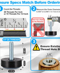 Infographic showing specs for Eight Pack 1/4-20 Furniture Levelers With Teflon Glides, including thread count and measurements.