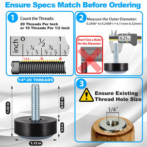 Infographic showing specs for Eight Pack 1/4-20 Furniture Levelers With Teflon Glides, including thread count and measurements.