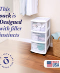 Three Tier Rolling Storage Cart With Removable Wheels In White Frame, Clear Bin Drawers in home setting