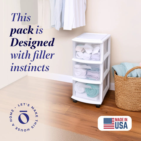 Three Tier Rolling Storage Cart With Removable Wheels In White Frame, Clear Bin Drawers in home setting