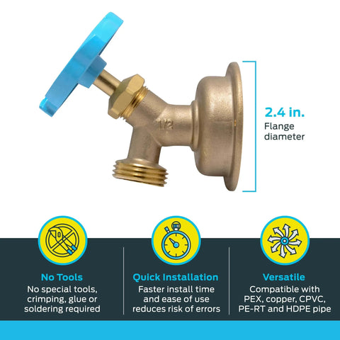 Side view of 90 Degree Hose Bibb With Push To Connect Inlet Brass Plumbing Fitting For PEX Copper CPVC PERT HDPE Half Inch To Three Quarter Inch MHT Multi Turn Shutoff Valve For Tight Spaces And Outdoor Faucets