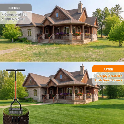 Before and after using Heavy Duty Lawn Aerator Tool With Pro-Grade 15 Sharp Spikes For Deep Soil Loosening on garden lawn