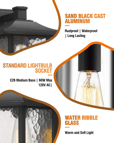 Outdoor Wall Lights 14 Inch Dusk To Dawn Exterior Wall Mount Sconce featuring sand black cast aluminum and water ripple glass
