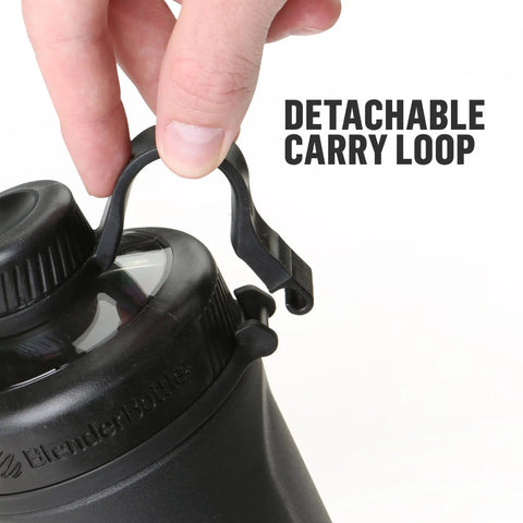Close-up of Radian Shaker Cup Insulated Stainless Steel Water Bottle With 316 Surgical Grade Stainless Steel Wire Whisk 26 Ounce Matte Black showing detachable carry loop.