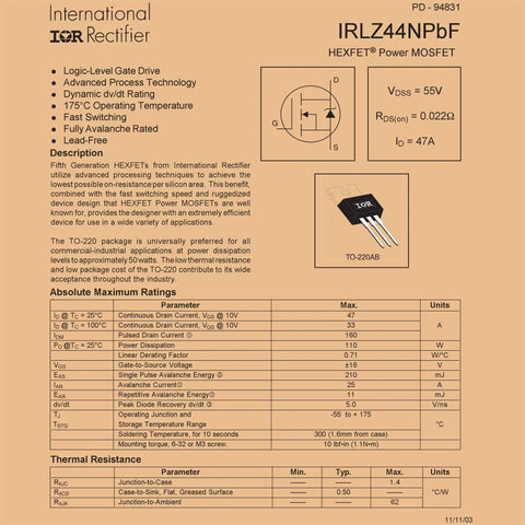 Beefy Logic Level MOSFET IRLZ44NPBF Pack Of 5 With 0.022 Ohm RDSon, 47A, 55V, TO-220, ESD Safe Packaging, Gate-Source Threshold 1.0V To 2.0V For Power Switching Projects datasheet