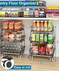 Black three tier rolling pantry cart with wheels, stackable wire baskets for pantry shelves, storage stand with snacks and drinks