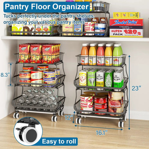 Black three tier rolling pantry cart with wheels, stackable wire baskets for pantry shelves, storage stand with snacks and drinks