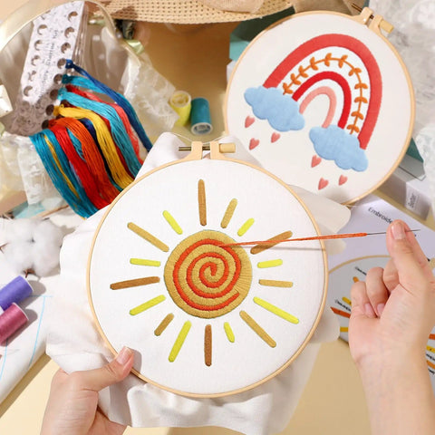 Five Piece Starter Embroidery Kit For Beginners With Boho Cross Stitch Patterns, Two Embroidery Hoops, Floss, Needles, Thread Guide