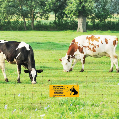 8 Pack Electric Fence Warning Signs 10 By 4 Inch Durable High Visibility Yellow And Black Signs For Farm Ranch Property Safety Warn Intruders Or Animals Easy Peel Adhesive Outdoor Weatherproof on fence by grazing cows