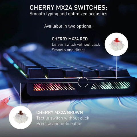 Badass Wired Gaming Keyboard Featuring Rock Solid Aluminum Chassis And Ultra Smooth Mx2A Brown Switches showcasing RGB lighting and switch options.