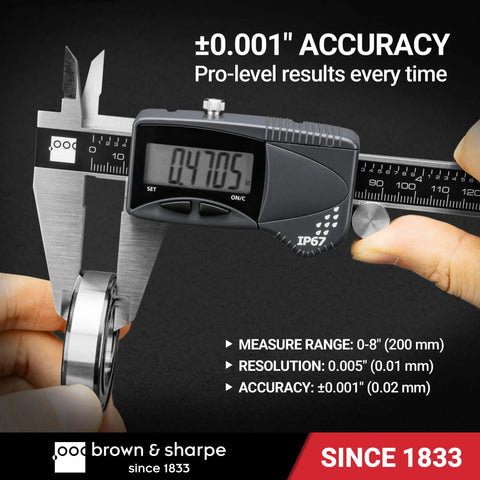 8 Inch Digital Caliper With IP67 Stainless Steel Build, showing 0.0005 inch resolution reading on dial, measuring metal part