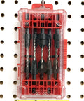 Premium Kicker 10-Piece Number Six Countersink Bit Kit in a clear storage container hung on a pegboard.