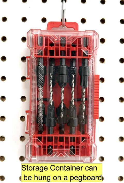 Premium Kicker 10-Piece Number Six Countersink Bit Kit in a clear storage container hung on a pegboard.