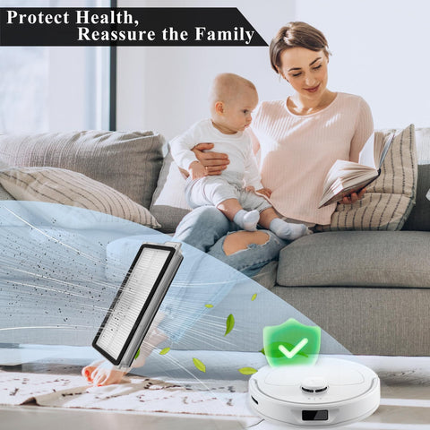Replacement HEPA Filter Set For Qrevo S Curve Pro Plus MaxV Edge Robotic Vacuum Cleaners with family relaxing on couch