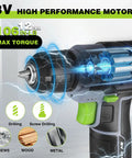 Eight Volt Cordless Drill Driver Kit With 53 Piece Bit Set, 2.0Ah Battery, highlighting high performance motor and torque.