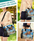 Woman carrying Desert Cooler Lunch Bag With Insulated Tote, Shoulder Strap, and Reusable Design for Outdoor Picnics and Travel