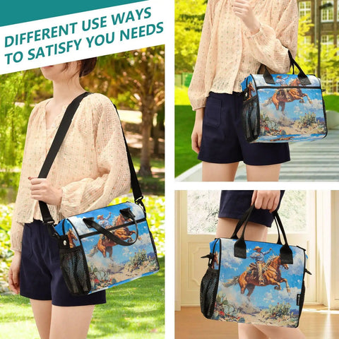 Woman carrying Desert Cooler Lunch Bag With Insulated Tote, Shoulder Strap, and Reusable Design for Outdoor Picnics and Travel
