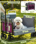 Pink Folding Wagon Cart With 5-Inch Wide Wheels featuring a pet, shown in outdoor setting, dimensions displayed, all-terrain use.