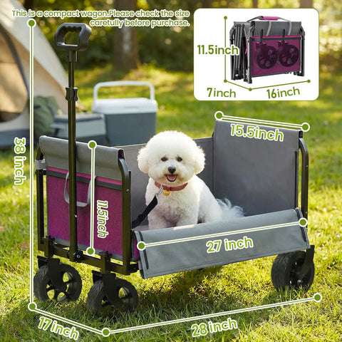 Pink Folding Wagon Cart With 5-Inch Wide Wheels featuring a pet, shown in outdoor setting, dimensions displayed, all-terrain use.