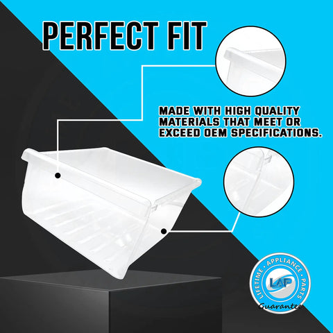 Upgraded Lifetime Replacement Meat Pan Crisper Bin For Frigidaire Refrigerator Fits DA97-08693B 2813228 clear bin on stand