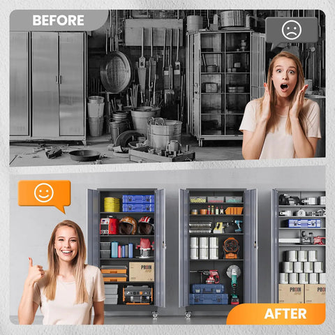 Before and after using Heavy Duty Rolling Metal Garage Cabinet With Lock, Tall Tool Cabinet On Wheels, 2 Doors And 4 Shelves