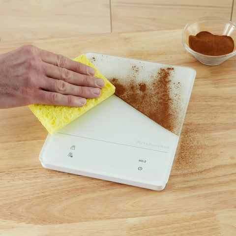 Cleaning Digital Waterproof Kitchen And Food Scale IPX7 with LED, showing 11 lb max capacity and tempered glass surface, white