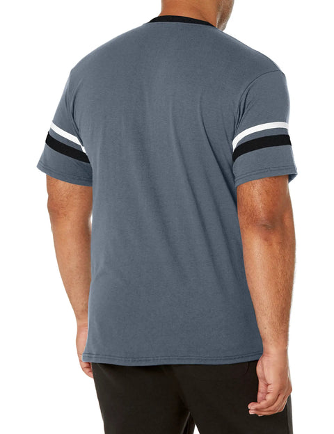 Back view of Retro Ringer Tee With Contrast Sleeve Stripes And Knit V Neck 50 50 Poly Cotton Jersey Double Needle Hem All Day Comfy Team Spirit Tee In Graphite Black White Sized Small.