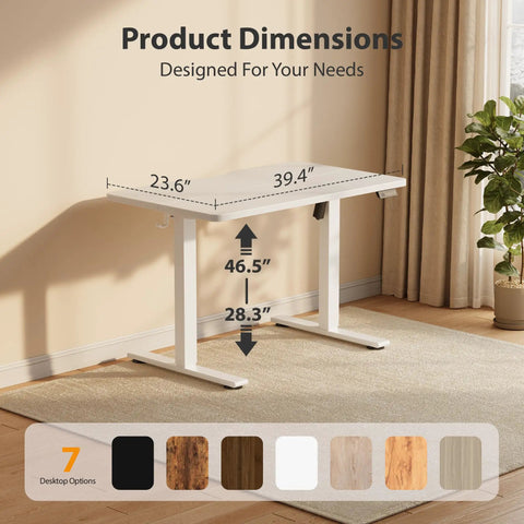 Cubiker 40X24 Electric Standing Desk Adjustable Sit Stand Home Office Table showing dimensions 39.4" x 23.6" with height range defined.
