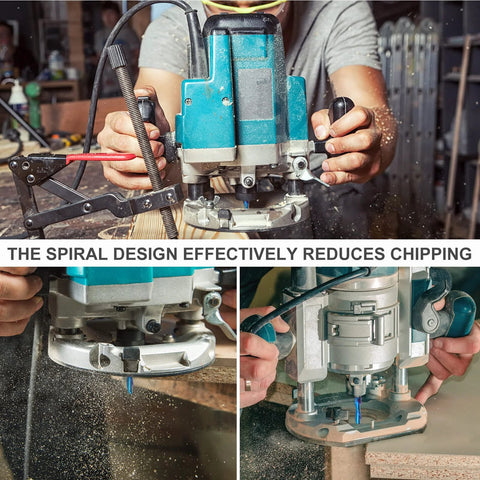 Front view of EANOSIC downcut spiral router bit, 1/4 in shank and diameter, solid carbide with nano blue coating for wood