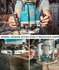 Five Piece Downcut Spiral Router Bits With One Quarter Inch Shank And One Quarter Inch Cutting Diameter Solid Carbide Top Shelf Nano Blue Coating For Wood Cutting And Carving On CNC Routers shown in use reducing chipping.
