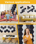 12 Pack Self Adhesive Sound Absorbing Felt Wall Panels Easy Peel And Stick Acoustic Tiles showcased in various room settings with children and adults.