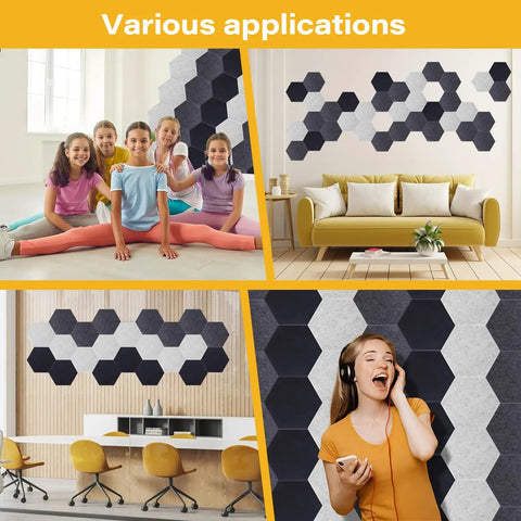 12 Pack Self Adhesive Sound Absorbing Felt Wall Panels Easy Peel And Stick Acoustic Tiles showcased in various room settings with children and adults.