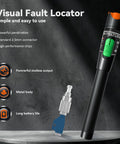 Visual Fault Locator handheld fiber-optic tester with black metal body, orange tip and green switch; includes 2.5mm adapter.