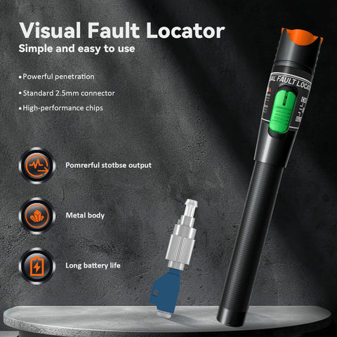Visual Fault Locator handheld fiber-optic tester with black metal body, orange tip and green switch; includes 2.5mm adapter.