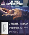 Two Pack Dimmer Light Switches Featuring Quiet Smooth Glide Slider And No Sweat Flicker Free Minimum Brightness Control With No Neutral Wire Required For Breezy Single Pole Or Three Way Install in a bedroom setting.