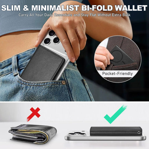 MagSafe Wallet For Men Women With 6 Card Slots And RFID Blocking Clear ID Window PU Leather Folio Magnetic Phone Wallet For iPhone 12 Through 17 Series Black For Daily Use in jeans pocket
