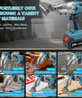 Sumumtor Brushless Cordless Metal Shears With Two 4.0Ah Batteries cutting through leather and steel in workshop.