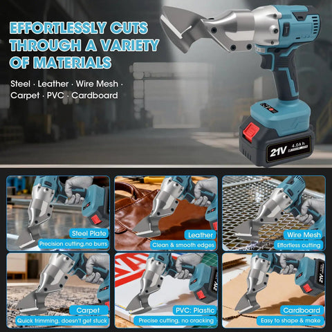 Sumumtor Brushless Cordless Metal Shears With Two 4.0Ah Batteries cutting through leather and steel in workshop.