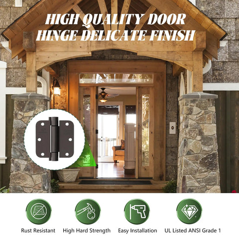 Front view of oil rubbed bronze self-closing door hinge with adjustable spring tension, commercial grade, UL listed, displayed in entryway.