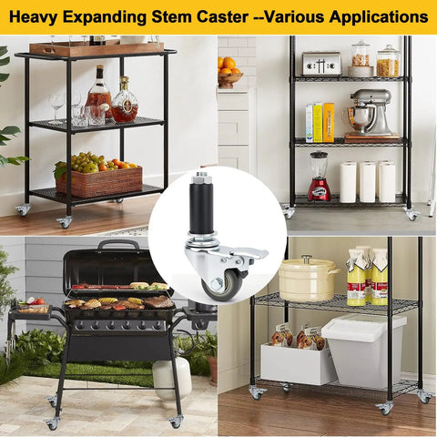 Heavy Duty Expanding Stem Casters With Roll Like Butter Rubber Wheels Set Of 4 for mobile kitchen shelving and grills.
