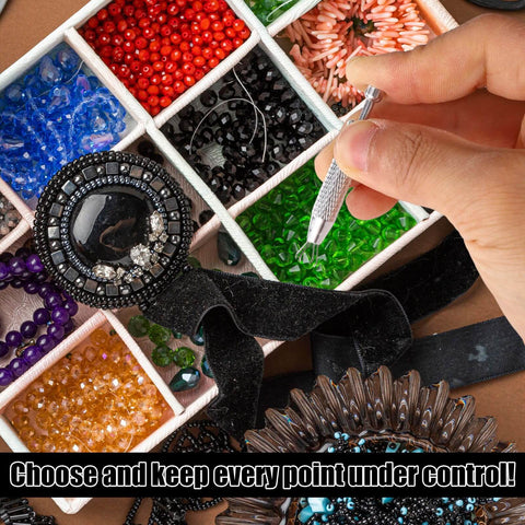 Hand using Piercing Ball Grabber Tool For Changing Jewelry Stainless Steel Diamond Claw Tweezers next to assorted beads.